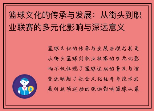 篮球文化的传承与发展：从街头到职业联赛的多元化影响与深远意义