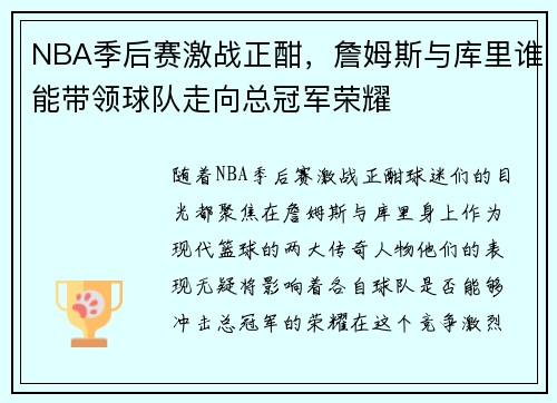 NBA季后赛激战正酣，詹姆斯与库里谁能带领球队走向总冠军荣耀