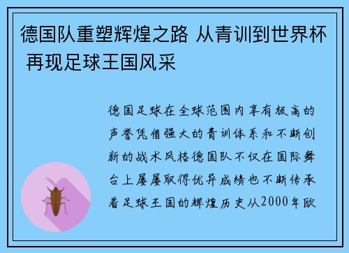 德国队重塑辉煌之路 从青训到世界杯 再现足球王国风采