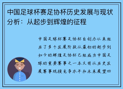中国足球杯赛足协杯历史发展与现状分析：从起步到辉煌的征程