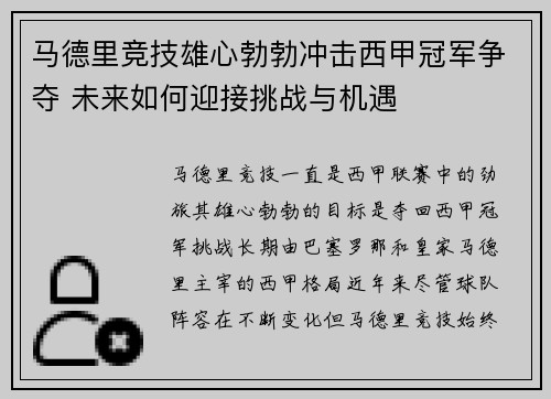 马德里竞技雄心勃勃冲击西甲冠军争夺 未来如何迎接挑战与机遇