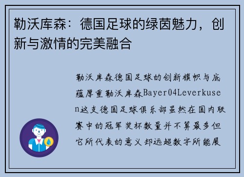 勒沃库森：德国足球的绿茵魅力，创新与激情的完美融合
